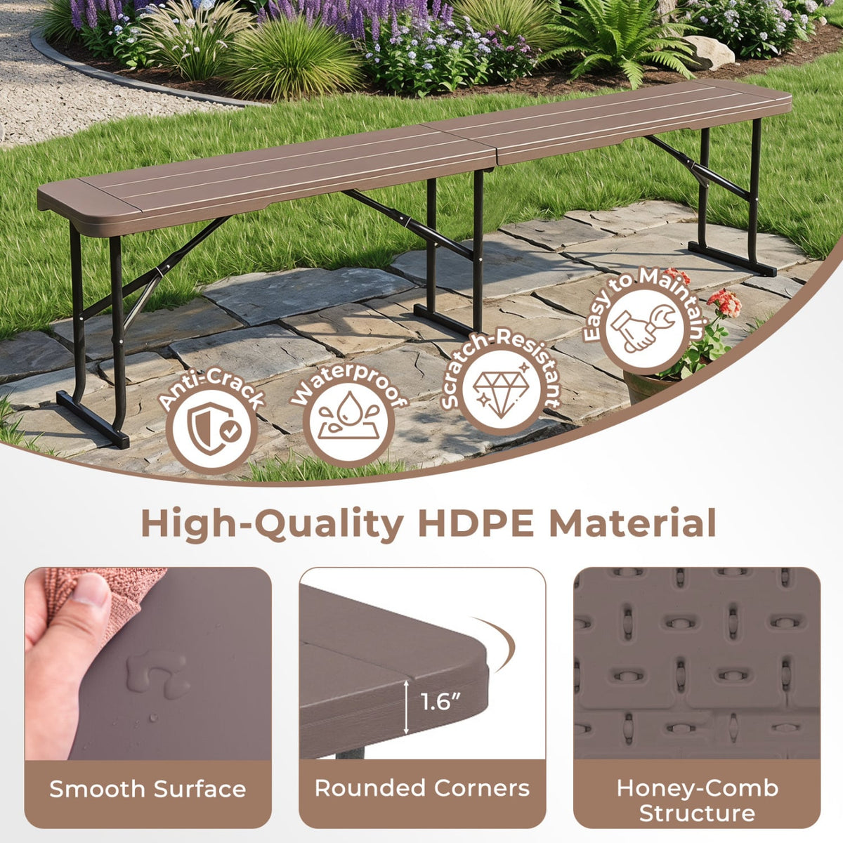 6 Feet Plastic Folding Bench Picnic Camping Dining Seat with Carrying Handle-coffee-Camping Furniture-DECOROLALA