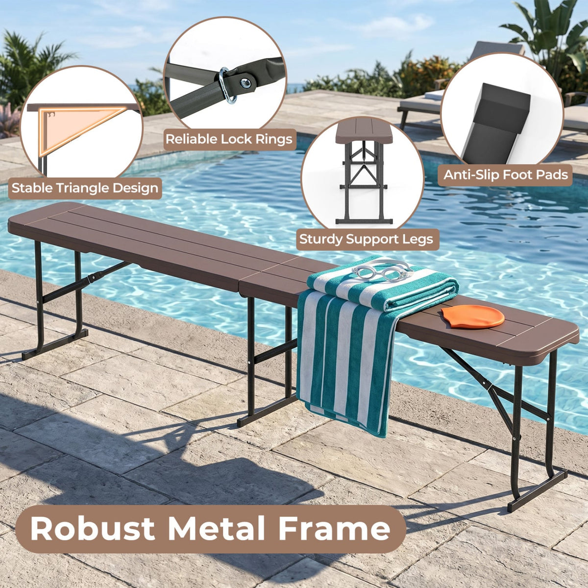 6 Feet Plastic Folding Bench Picnic Camping Dining Seat with Carrying Handle-coffee-Camping Furniture-DECOROLALA