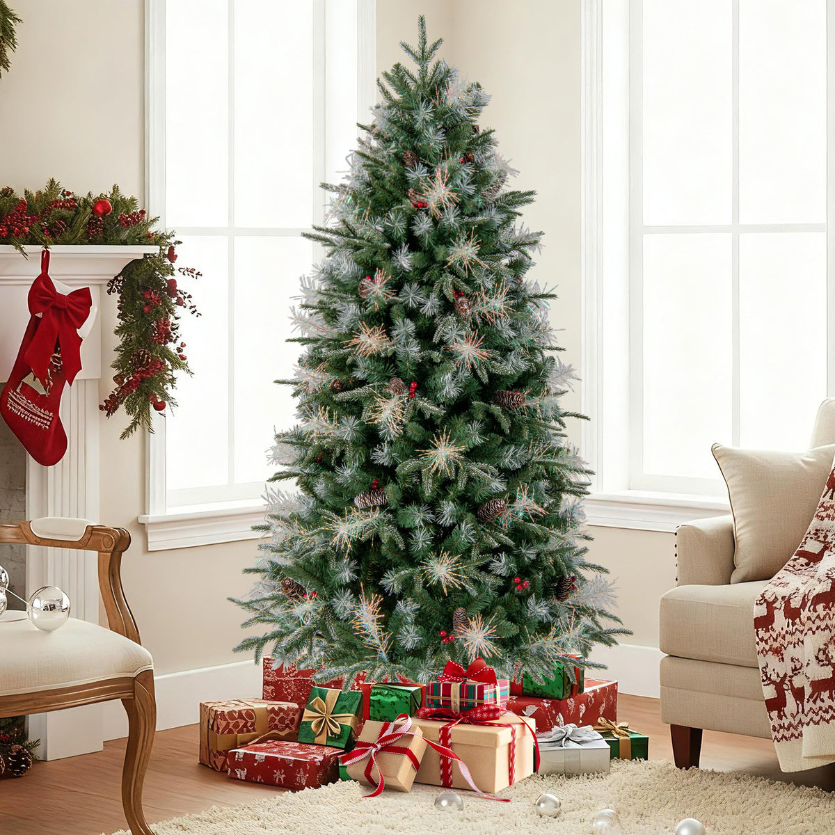 6 Feet Pre-Lit Artificial Christmas Tree with 8 Modes LED Lights with Berries-Christmas Trees-DECOROLALA