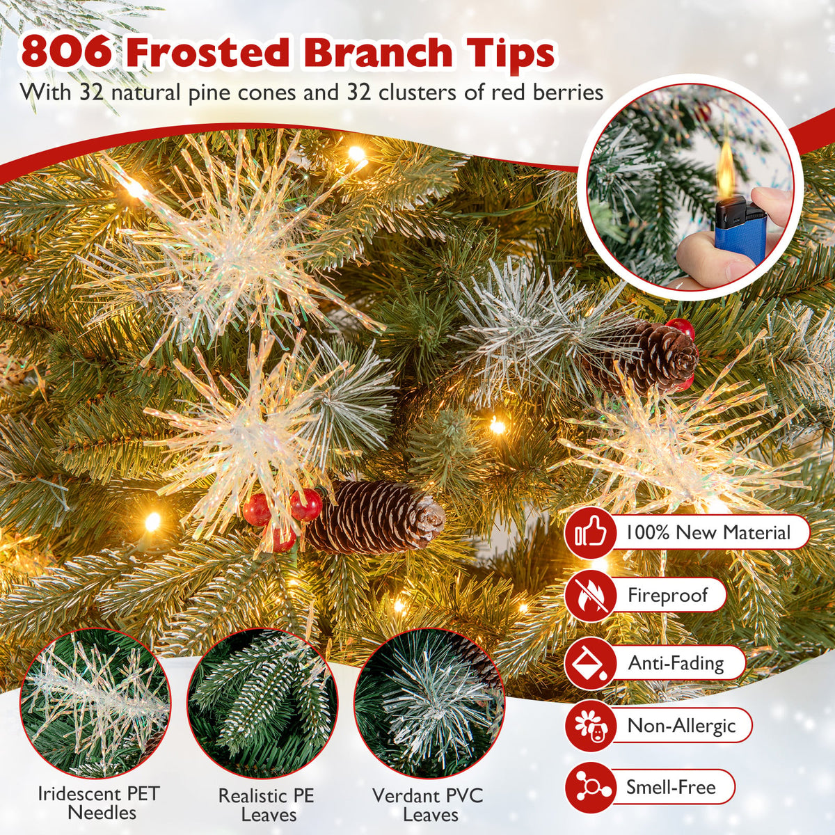 6 Feet Pre-Lit Artificial Christmas Tree with 8 Modes LED Lights with Berries-Christmas Trees-DECOROLALA