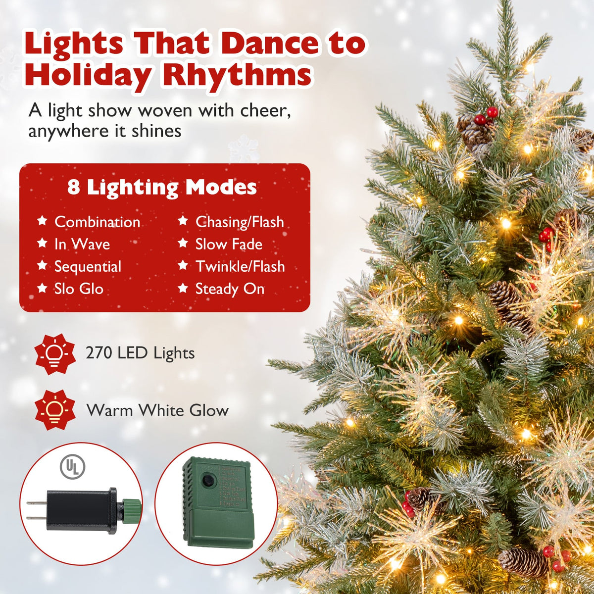 6 Feet Pre-Lit Artificial Christmas Tree with 8 Modes LED Lights with Berries-Christmas Trees-DECOROLALA