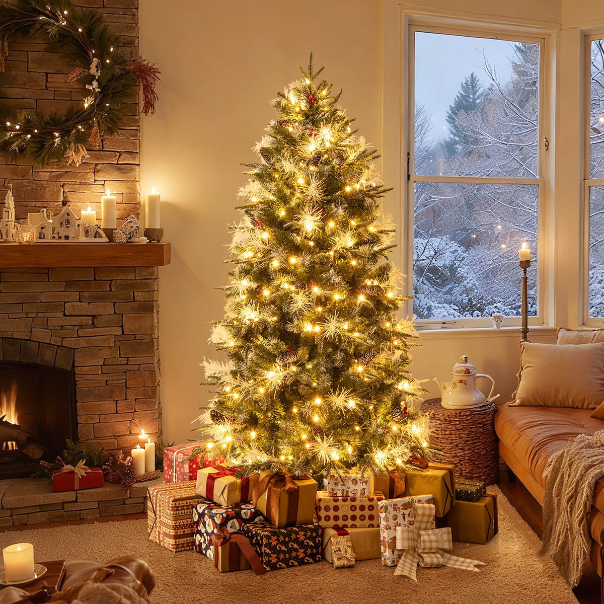6 Feet Pre-Lit Artificial Christmas Tree with 8 Modes LED Lights with Berries-Christmas Trees-DECOROLALA
