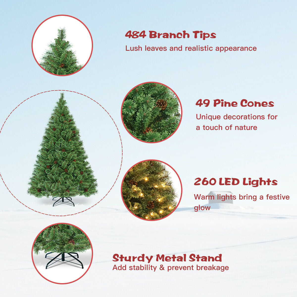6 Feet Pre-Lit PVC Artificial Carolina Pine Tree with LED Lights-Christmas Trees-DECOROLALA