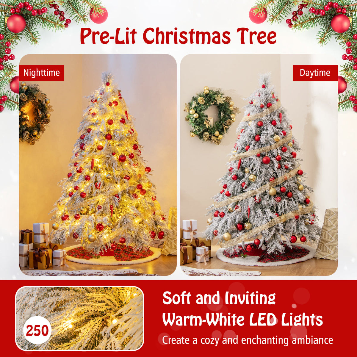6 Feet Pre-Lit Snow Flocked Christmas Tree with Warm White LED Lights-6 ft-Christmas Trees-DECOROLALA