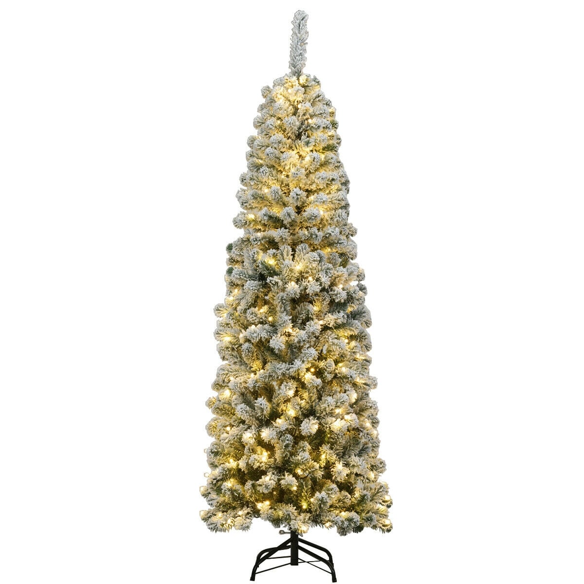6 Feet Pre-lit Snow Flocked Artificial Pencil Christmas Tree with 250 LED Lights-Christmas Trees-DECOROLALA