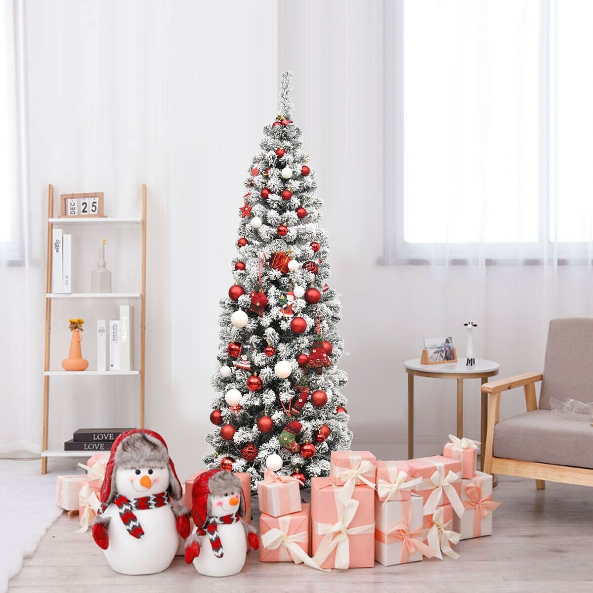 6 Feet Pre-lit Snow Flocked Artificial Pencil Christmas Tree with 250 LED Lights-Christmas Trees-DECOROLALA