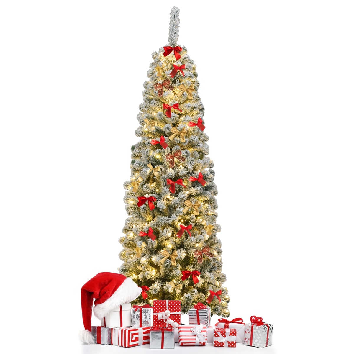 6 Feet Pre-lit Snow Flocked Artificial Pencil Christmas Tree with 250 LED Lights-Christmas Trees-DECOROLALA