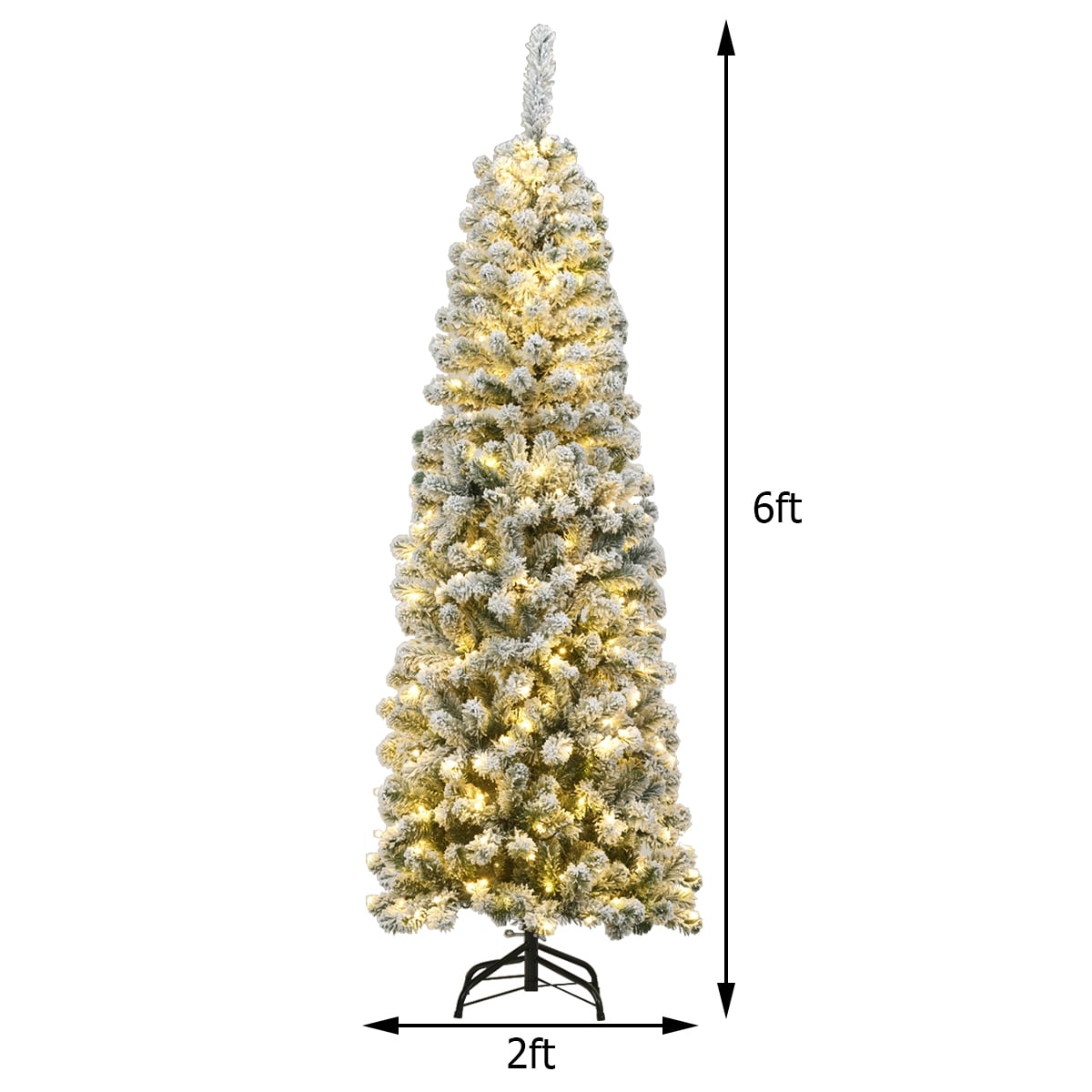 6 Feet Pre-lit Snow Flocked Artificial Pencil Christmas Tree with 250 LED Lights-Christmas Trees-DECOROLALA