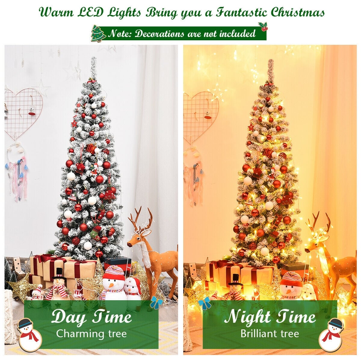 6 Feet Pre-lit Snow Flocked Artificial Pencil Christmas Tree with 250 LED Lights-Christmas Trees-DECOROLALA