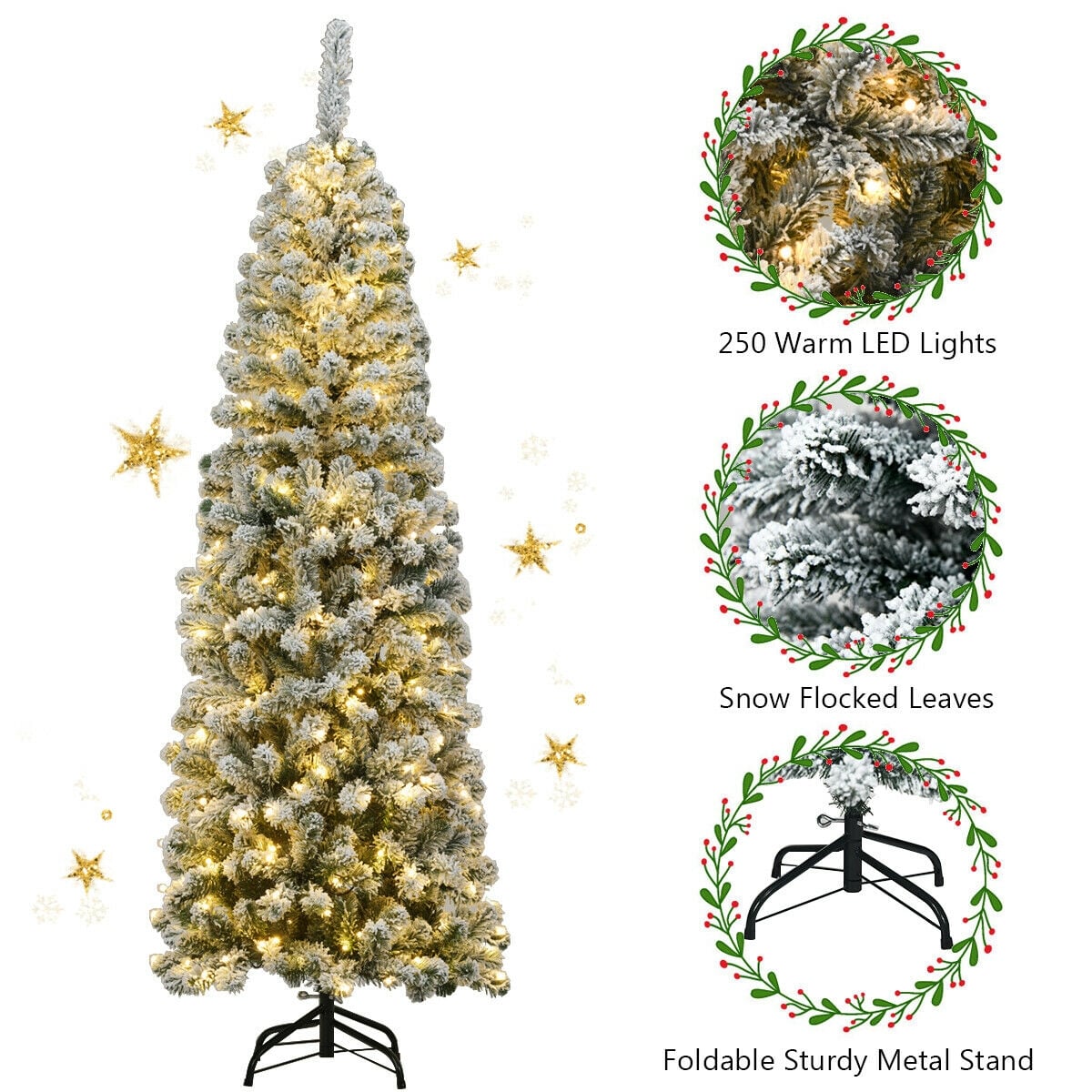 6 Feet Pre-lit Snow Flocked Artificial Pencil Christmas Tree with 250 LED Lights-Christmas Trees-DECOROLALA