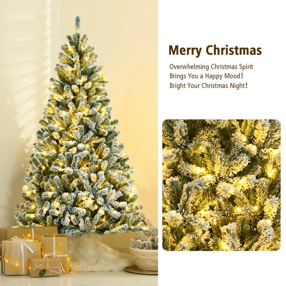 6 Feet Pre-lit Snow Flocked Hinged Christmas Tree with 928 Tips and Metal Stand-6 ft-Christmas Trees-DECOROLALA
