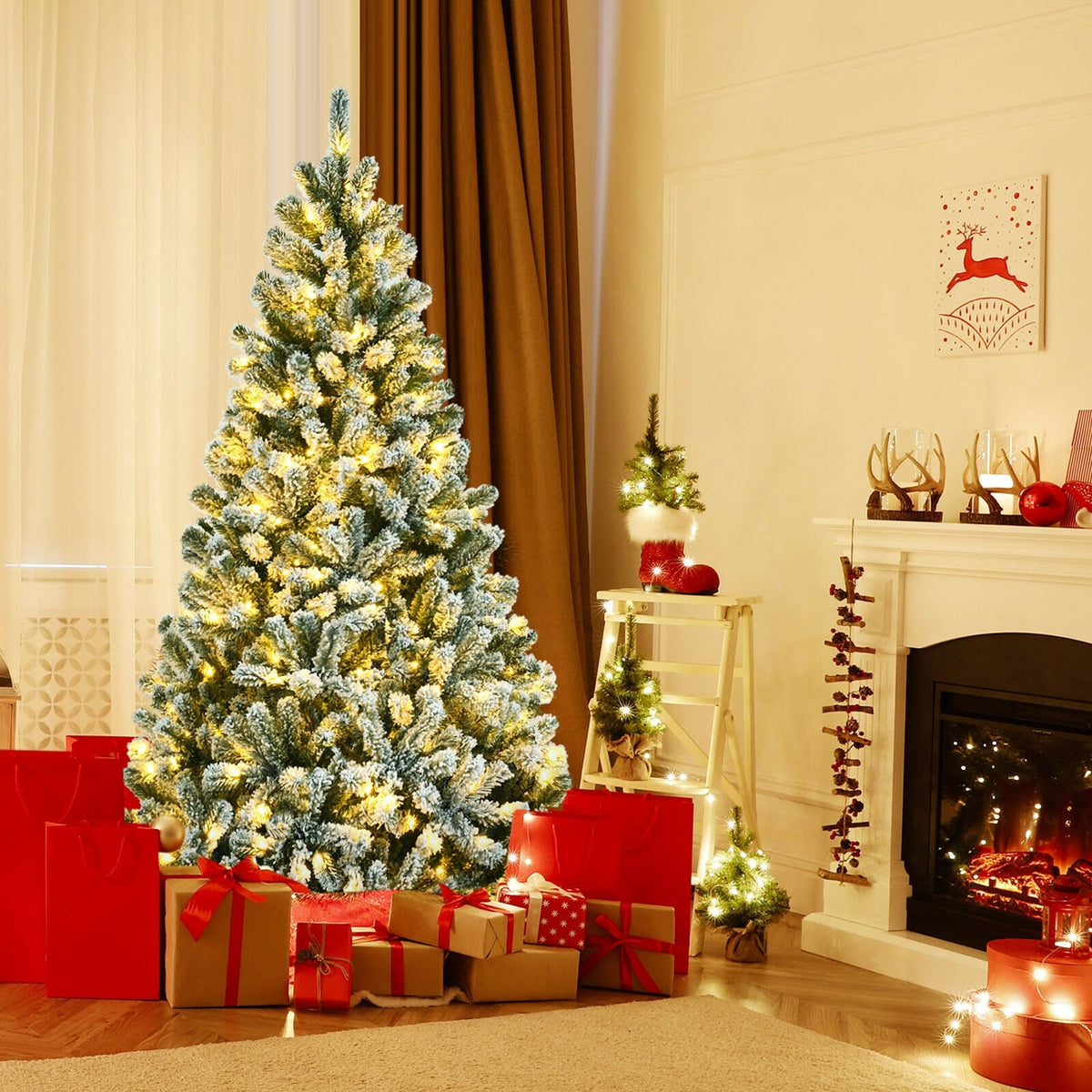 6 Feet Pre-lit Snow Flocked Hinged Christmas Tree with 928 Tips and Metal Stand-6 ft-Christmas Trees-DECOROLALA