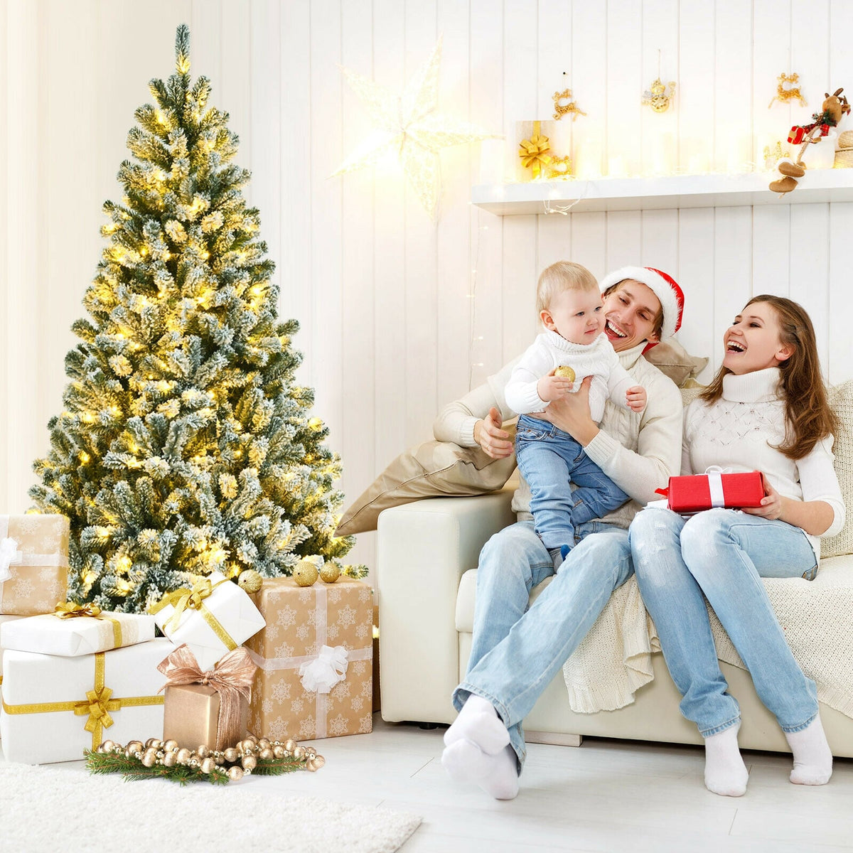 6 Feet Pre-lit Snow Flocked Hinged Christmas Tree with 928 Tips and Metal Stand-6 ft-Christmas Trees-DECOROLALA