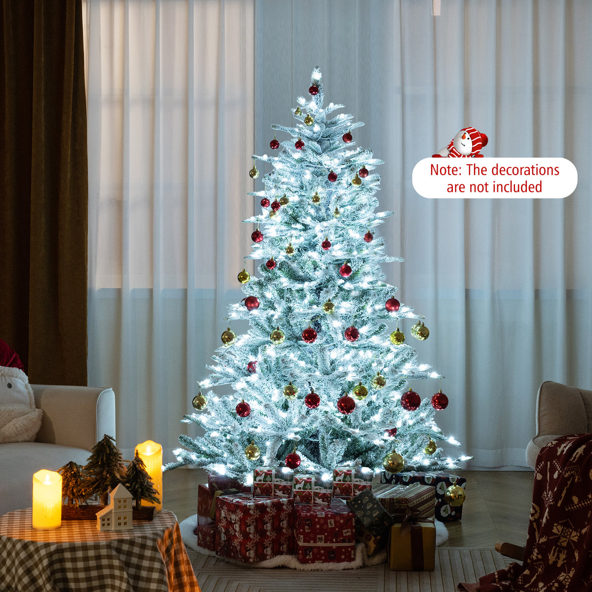 6 Feet Snow Flocked Artificial Christmas Tree with Cool White LED Lights-Christmas Trees-DECOROLALA