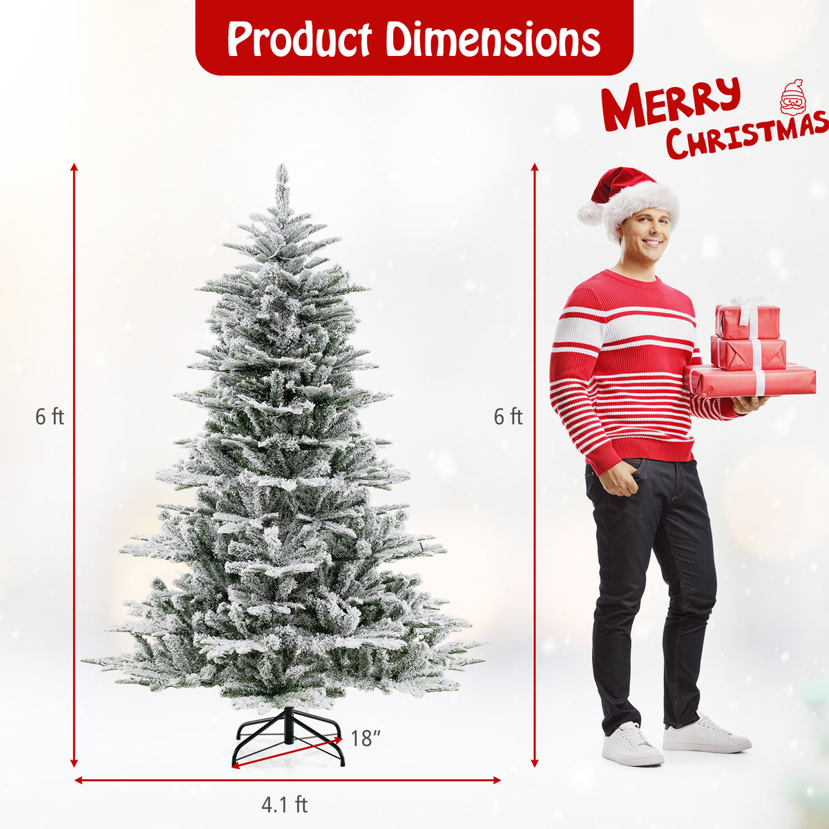 6 Feet Snow Flocked Artificial Christmas Tree with Cool White LED Lights-Christmas Trees-DECOROLALA