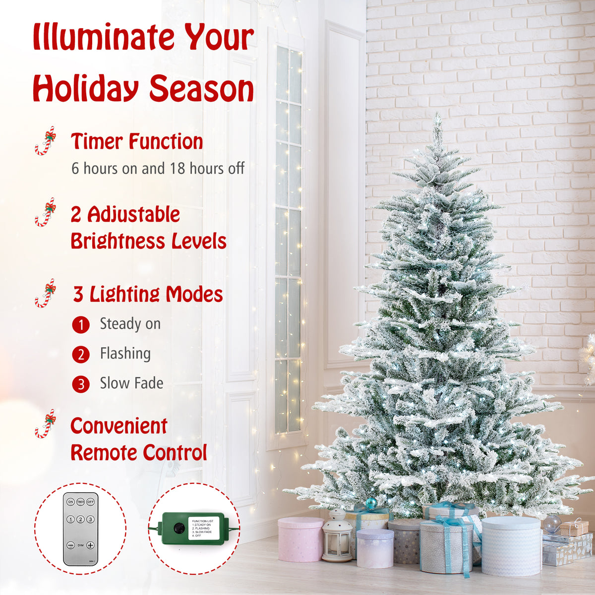 6 Feet Snow Flocked Artificial Christmas Tree with Cool White LED Lights-Christmas Trees-DECOROLALA