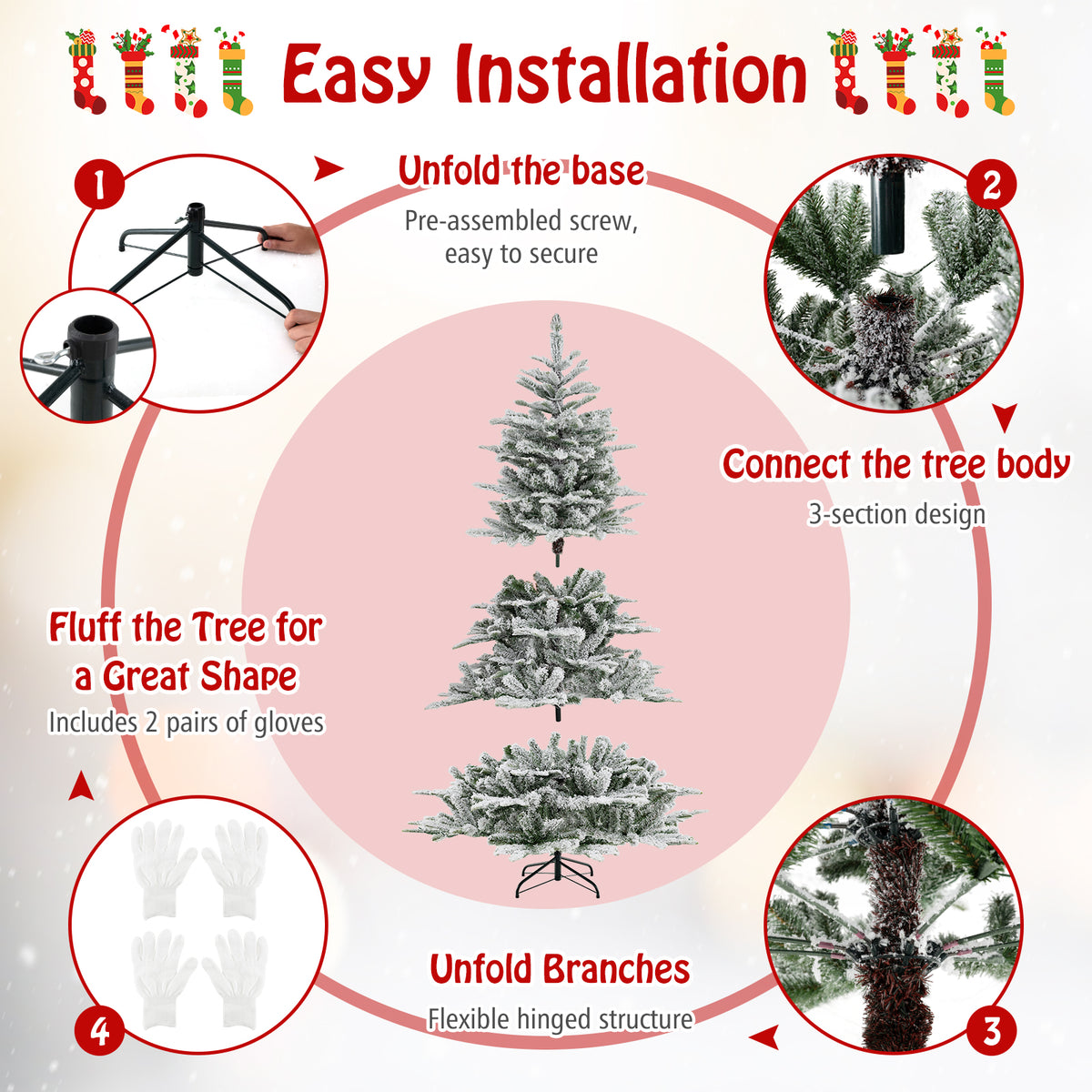6 Feet Snow Flocked Artificial Christmas Tree with Cool White LED Lights-Christmas Trees-DECOROLALA