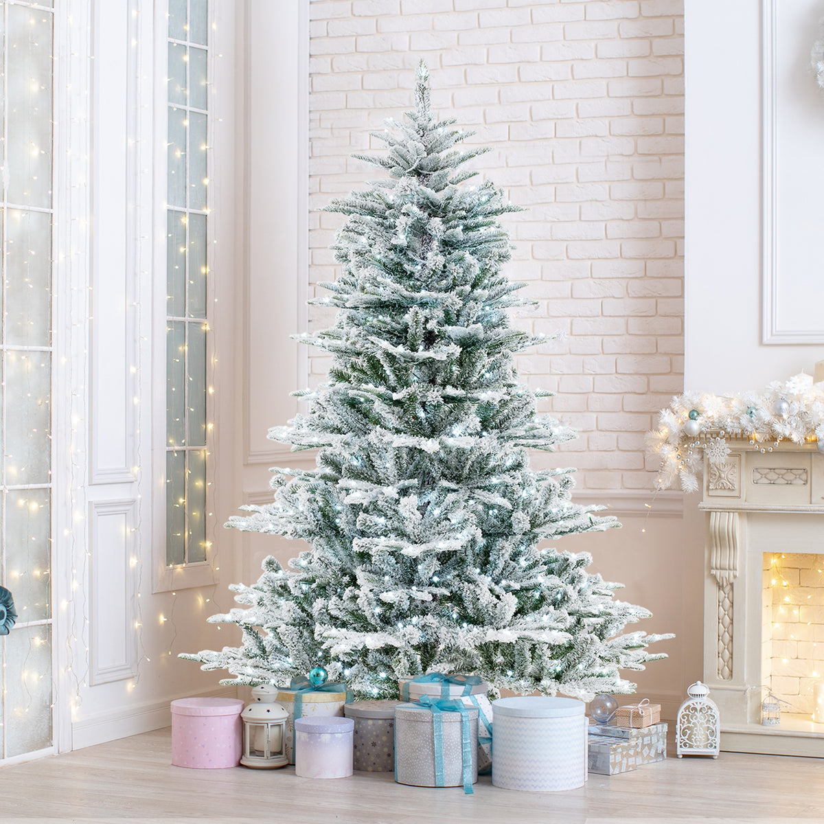 6 Feet Snow Flocked Artificial Christmas Tree with Cool White LED Lights-Christmas Trees-DECOROLALA