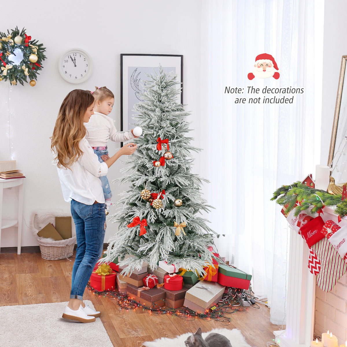 6 Feet Snow-flocked Artificial Christmas Tree Pre-lit Hinged Xmas Tree with Warm White LED Lights-Christmas Trees-DECOROLALA