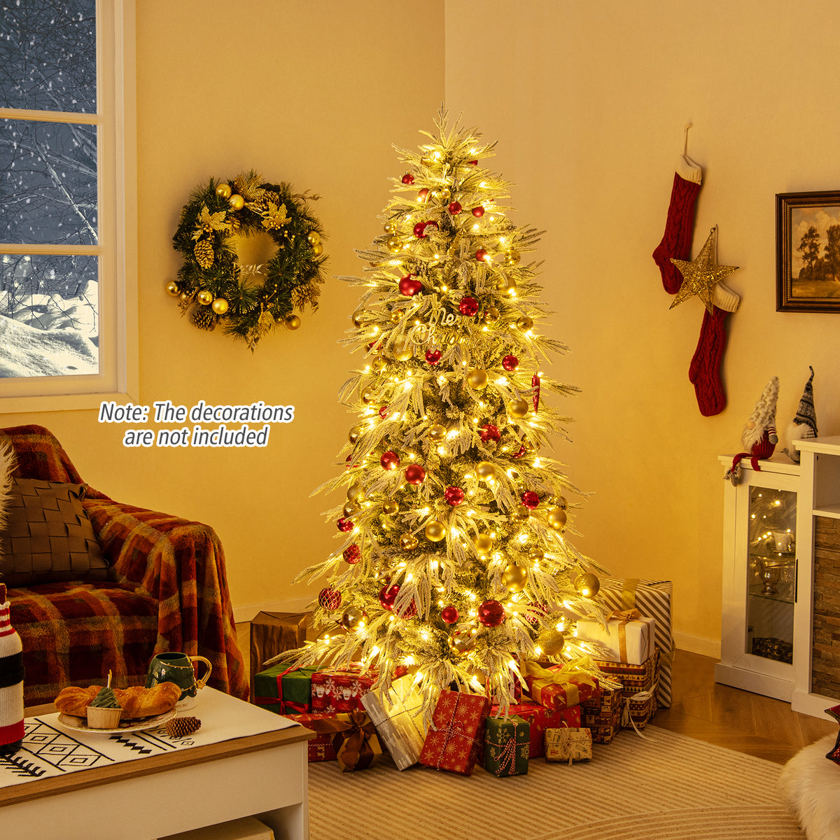 6 Feet Snow-flocked Artificial Christmas Tree Pre-lit Hinged Xmas Tree with Warm White LED Lights-Christmas Trees-DECOROLALA