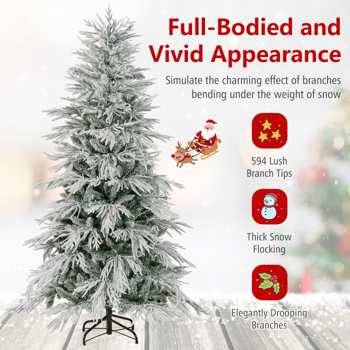 6 Feet Snow-flocked Artificial Christmas Tree Pre-lit Hinged Xmas Tree with Warm White LED Lights-Christmas Trees-DECOROLALA