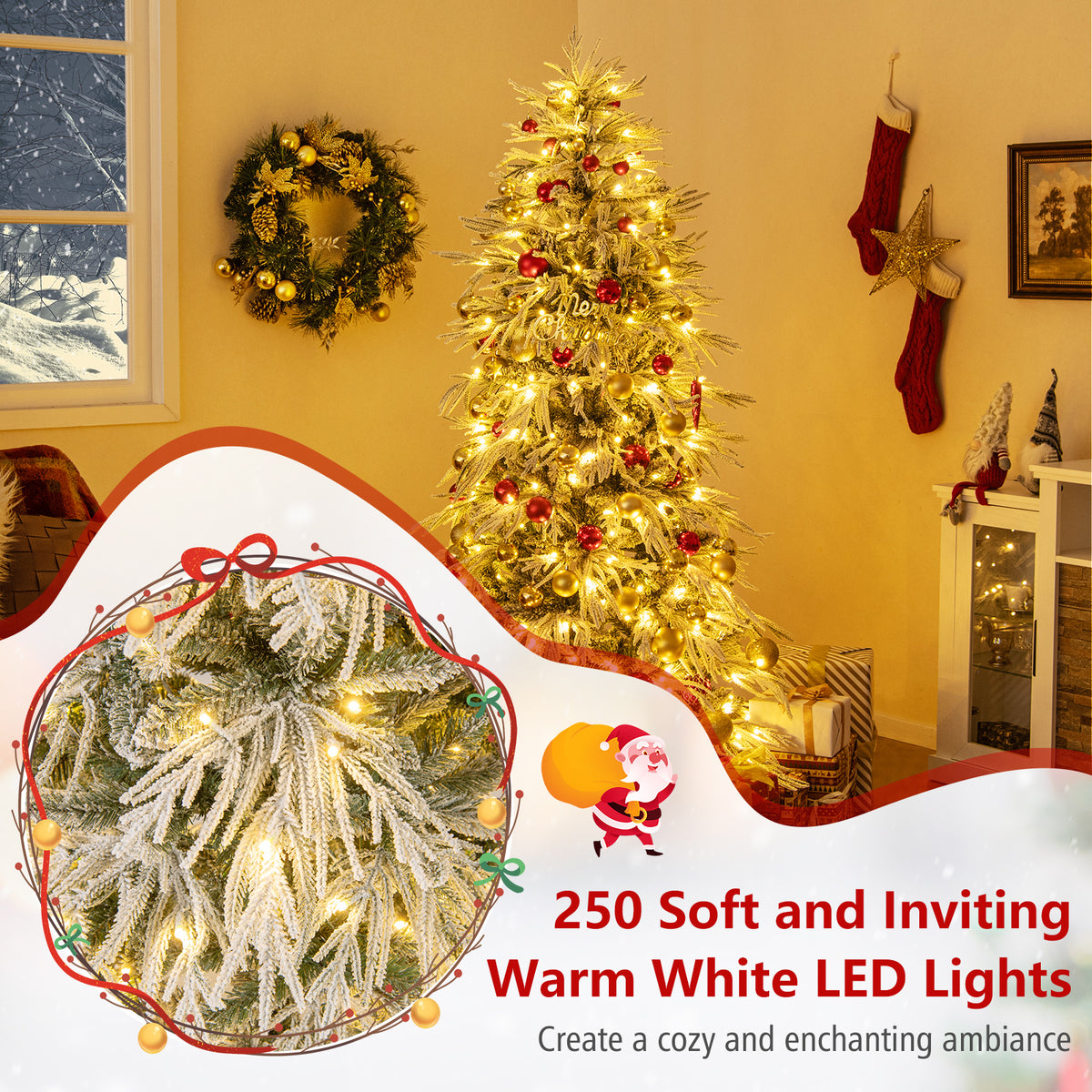 6 Feet Snow-flocked Artificial Christmas Tree Pre-lit Hinged Xmas Tree with Warm White LED Lights-Christmas Trees-DECOROLALA