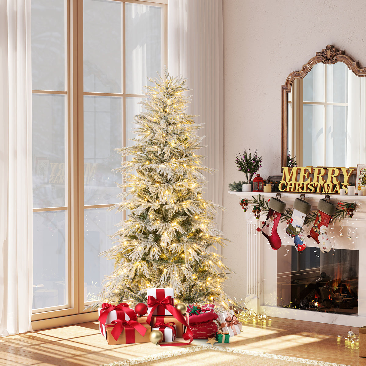 6 Feet Snow-flocked Artificial Christmas Tree Pre-lit Hinged Xmas Tree with Warm White LED Lights-Christmas Trees-DECOROLALA