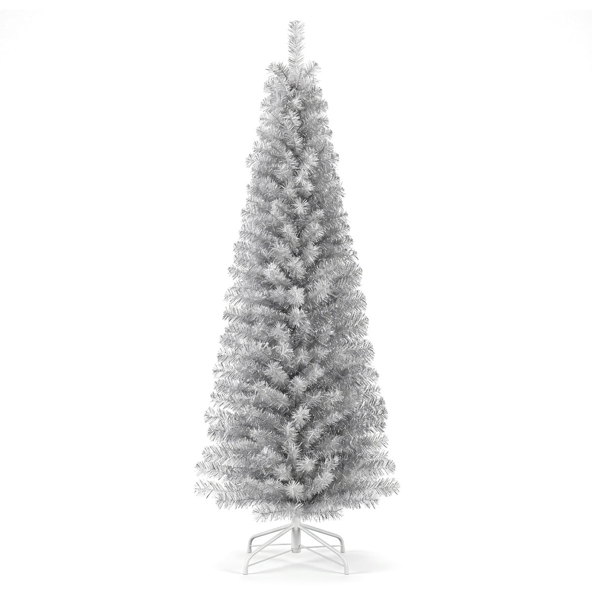6 Feet Tinsel Tree Unlit Slim Pencil Christmas Tree-Silver with 520 Branch Tips and Folding Metal Stand-Christmas Trees-DECOROLALA