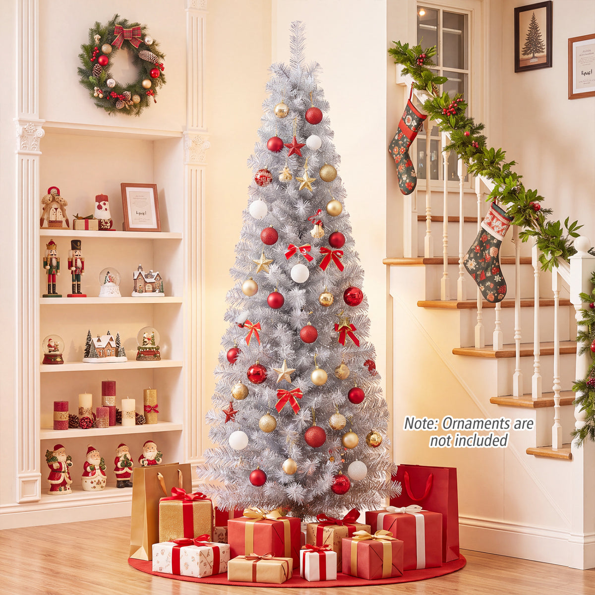 6 Feet Tinsel Tree Unlit Slim Pencil Christmas Tree-Silver with 520 Branch Tips and Folding Metal Stand-Christmas Trees-DECOROLALA
