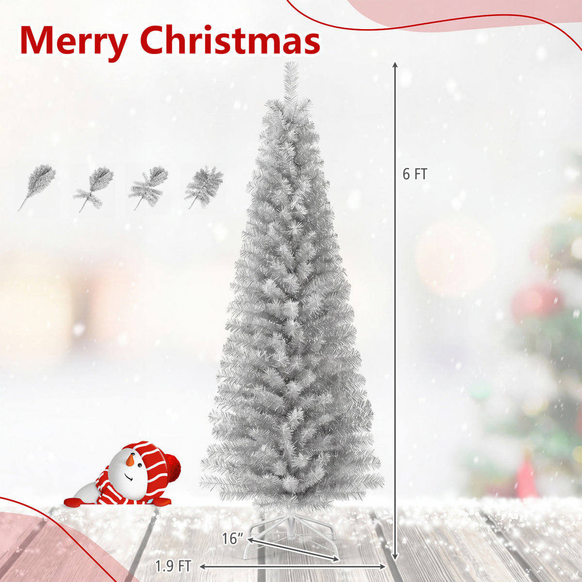 6 Feet Tinsel Tree Unlit Slim Pencil Christmas Tree-Silver with 520 Branch Tips and Folding Metal Stand-Christmas Trees-DECOROLALA