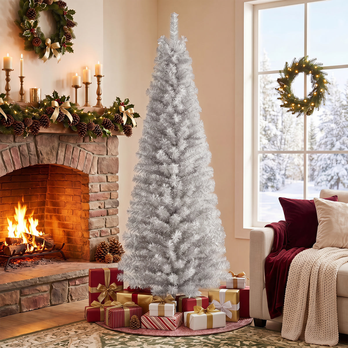 6 Feet Tinsel Tree Unlit Slim Pencil Christmas Tree-Silver with 520 Branch Tips and Folding Metal Stand-Christmas Trees-DECOROLALA
