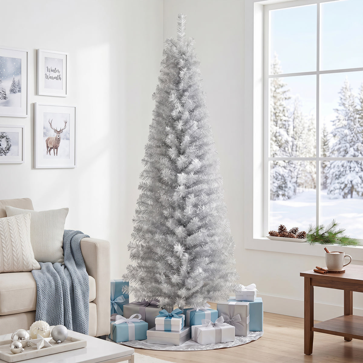 6 Feet Tinsel Tree Unlit Slim Pencil Christmas Tree-Silver with 520 Branch Tips and Folding Metal Stand-Christmas Trees-DECOROLALA