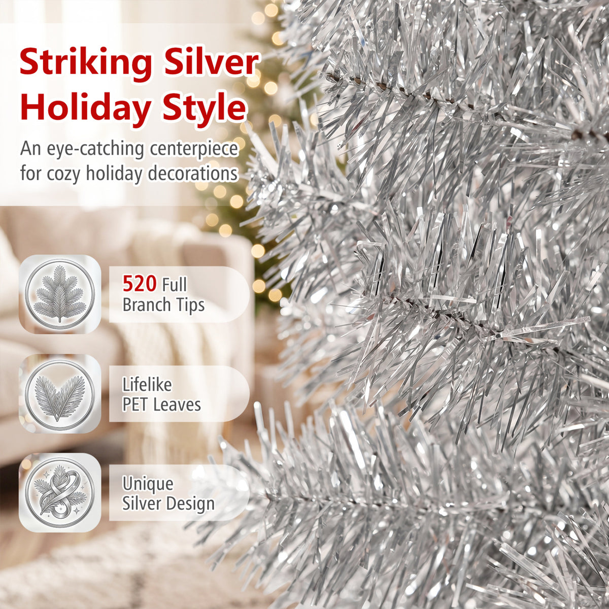 6 Feet Tinsel Tree Unlit Slim Pencil Christmas Tree-Silver with 520 Branch Tips and Folding Metal Stand-Christmas Trees-DECOROLALA