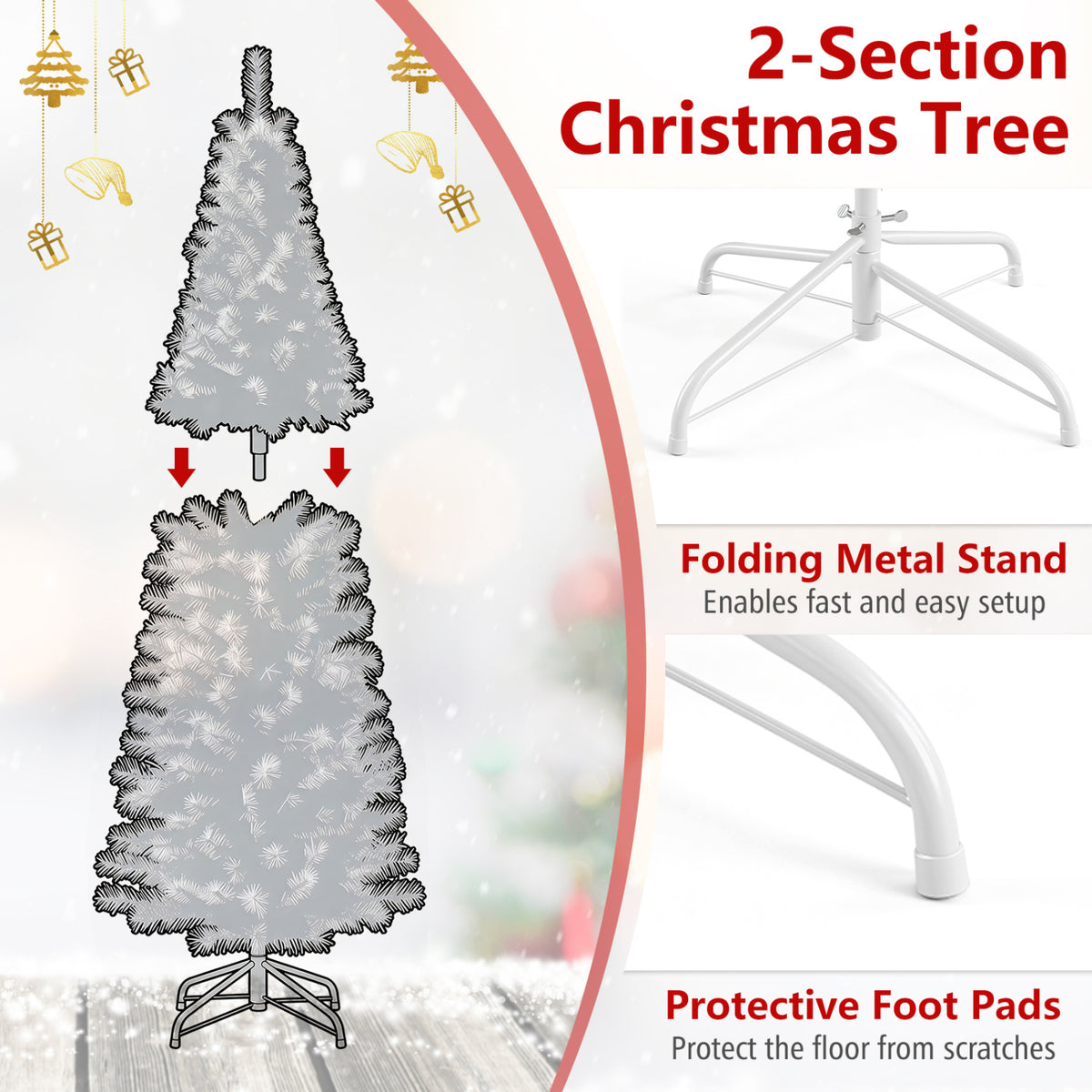 6 Feet Tinsel Tree Unlit Slim Pencil Christmas Tree-Silver with 520 Branch Tips and Folding Metal Stand-Christmas Trees-DECOROLALA