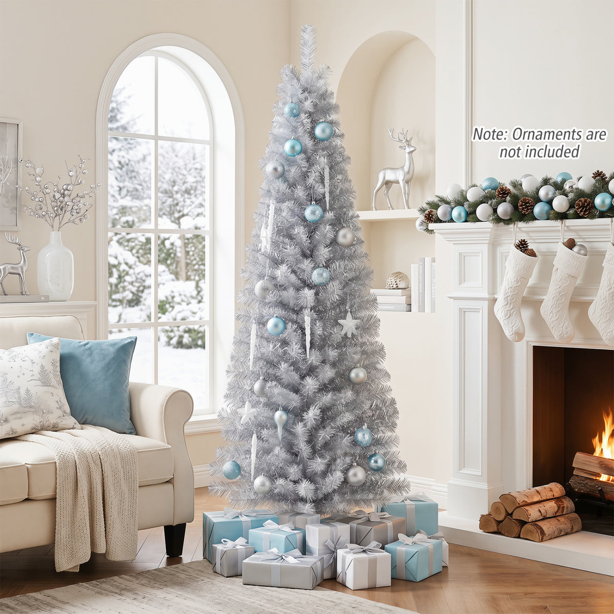 6 Feet Tinsel Tree Unlit Slim Pencil Christmas Tree-Silver with 520 Branch Tips and Folding Metal Stand-Christmas Trees-DECOROLALA