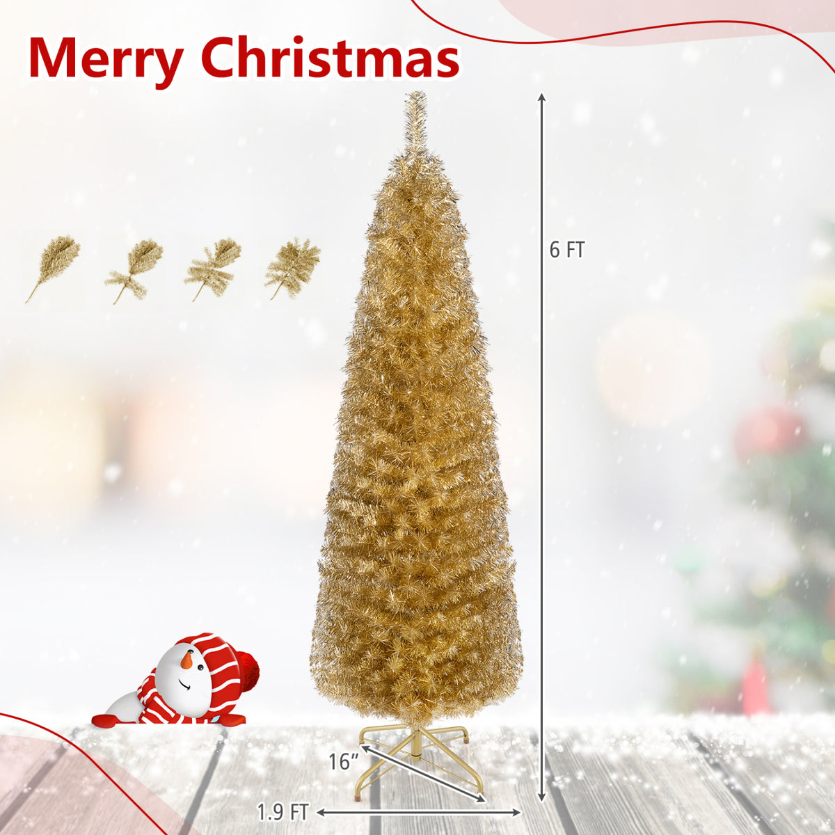6 Feet Tinsel Tree Unlit Slim Pencil Christmas Tree-Yellow-Christmas Trees-DECOROLALA