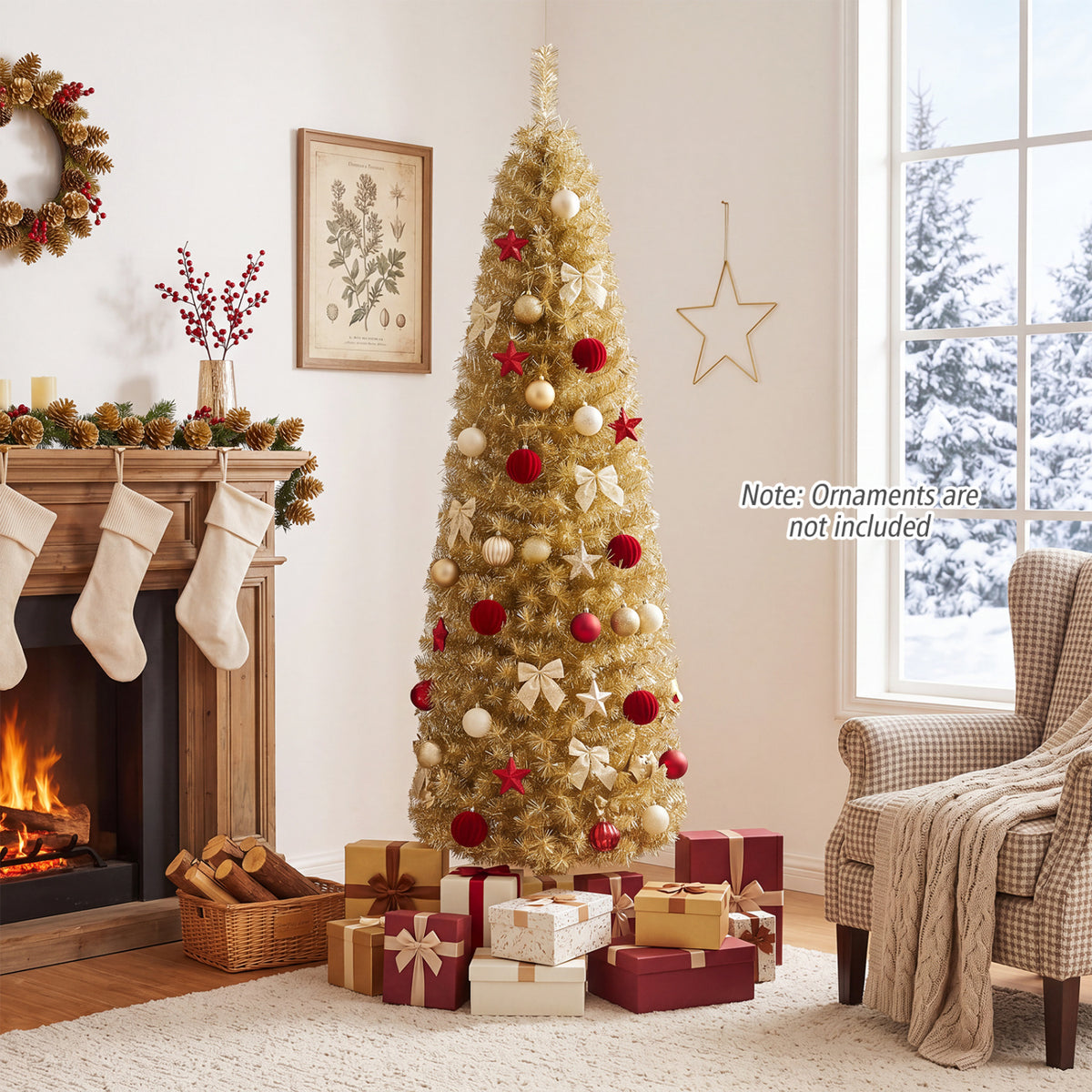 6 Feet Tinsel Tree Unlit Slim Pencil Christmas Tree-Yellow-Christmas Trees-DECOROLALA