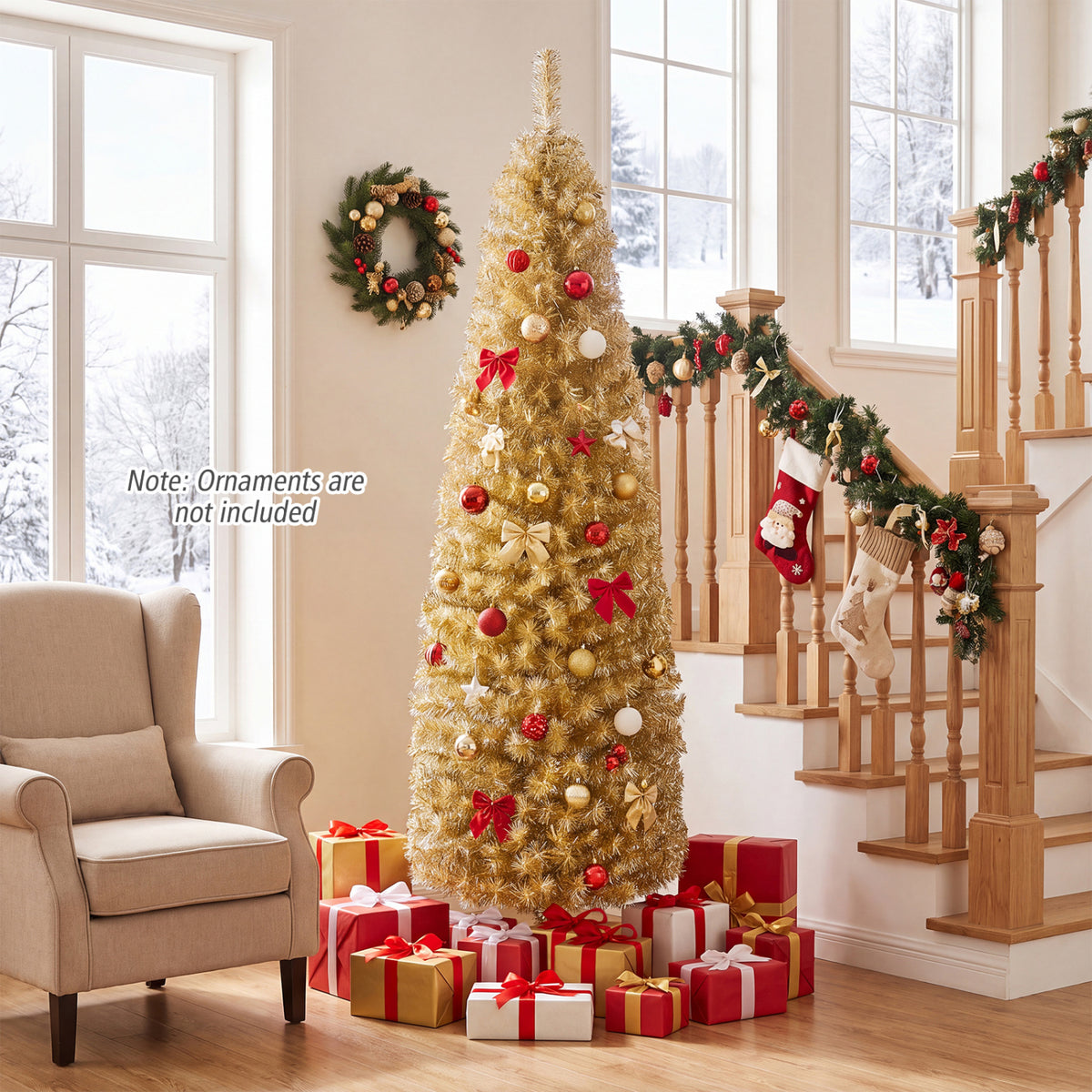6 Feet Tinsel Tree Unlit Slim Pencil Christmas Tree-Yellow-Christmas Trees-DECOROLALA
