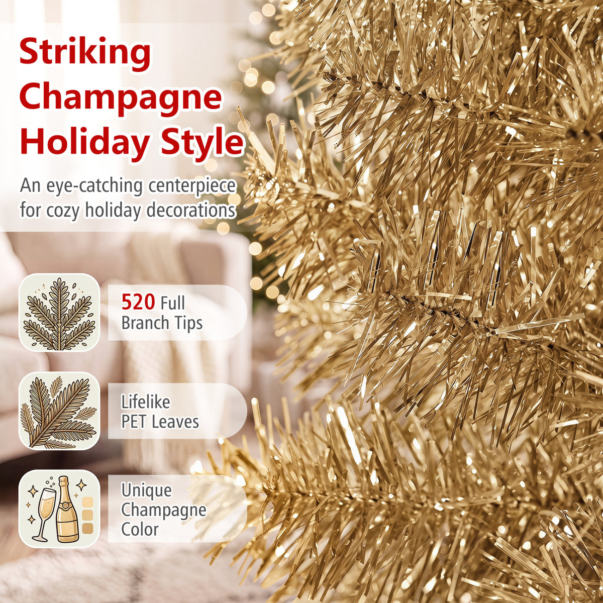 6 Feet Tinsel Tree Unlit Slim Pencil Christmas Tree-Yellow-Christmas Trees-DECOROLALA