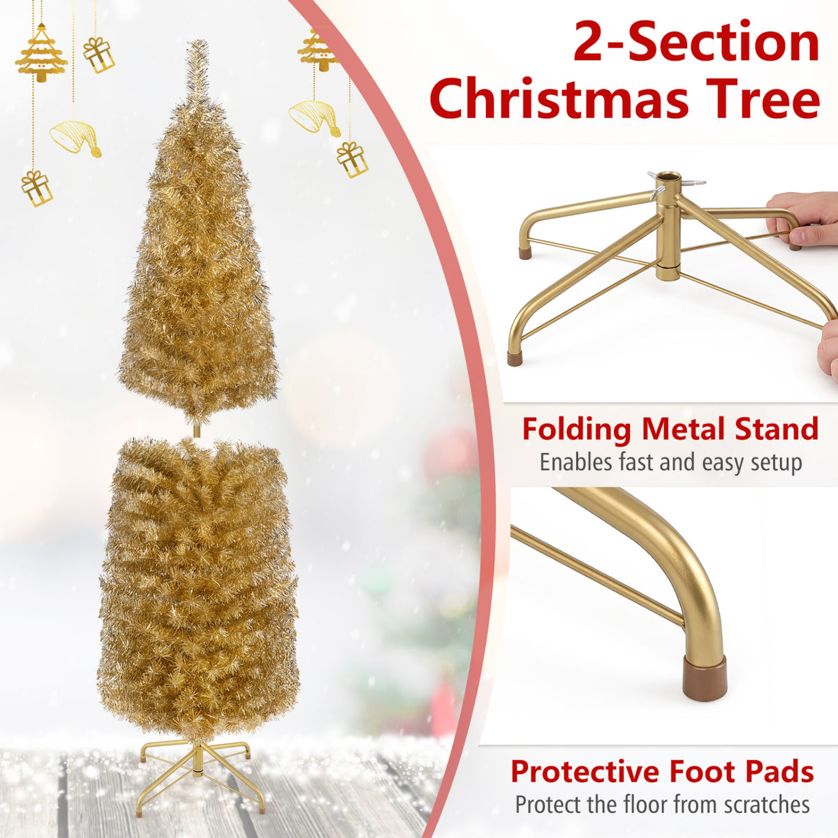 6 Feet Tinsel Tree Unlit Slim Pencil Christmas Tree-Yellow-Christmas Trees-DECOROLALA