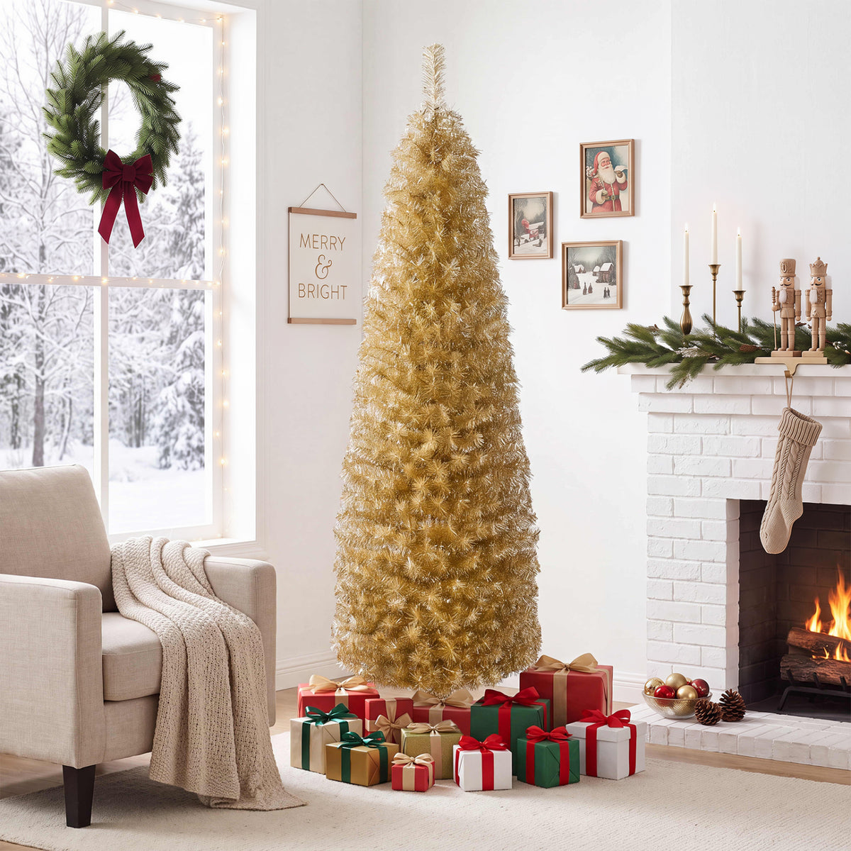 6 Feet Tinsel Tree Unlit Slim Pencil Christmas Tree-Yellow-Christmas Trees-DECOROLALA
