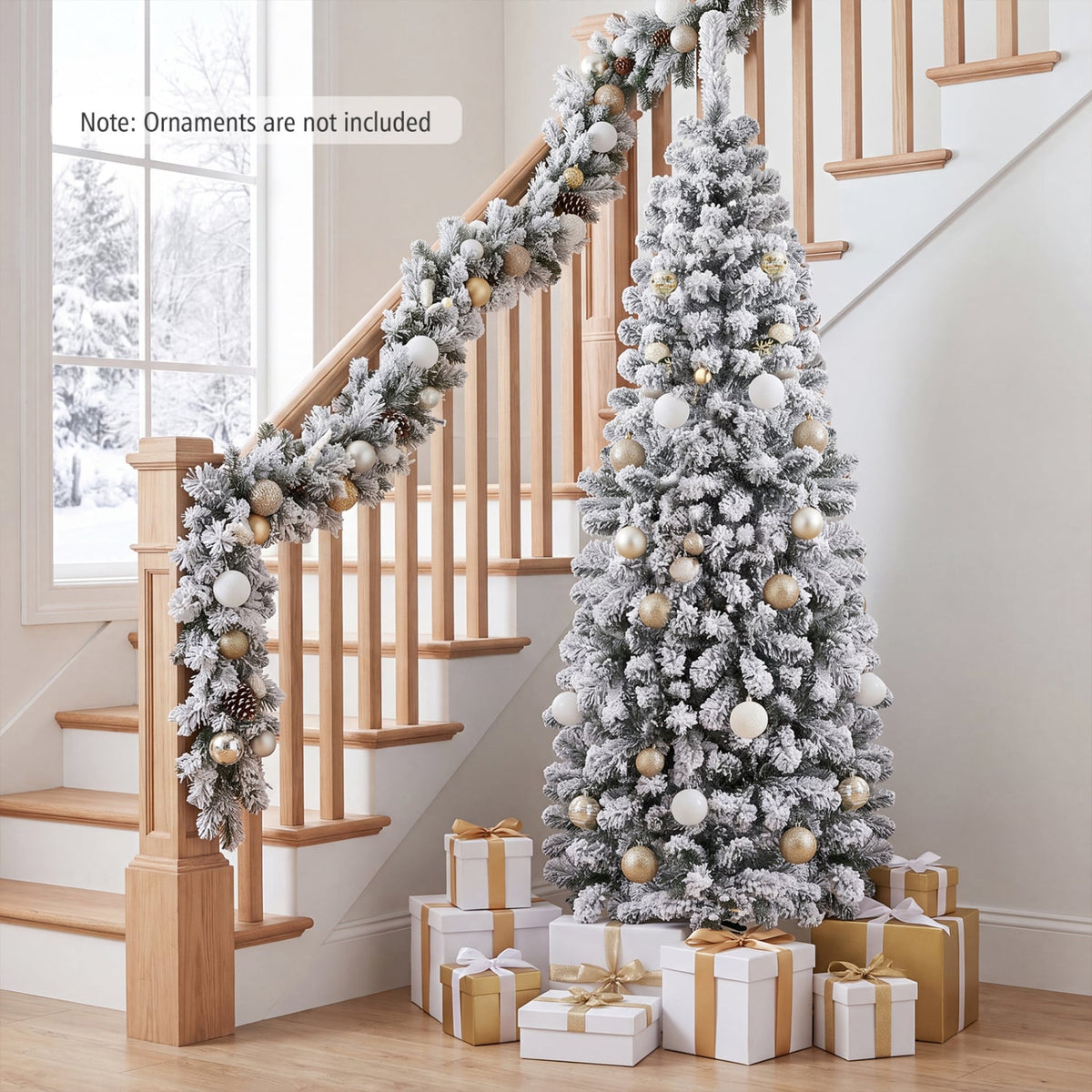 6 Feet Unlit Hinged Snow Flocked Artificial Pencil Christmas Tree with 500 Branch Tip-Christmas Trees-DECOROLALA