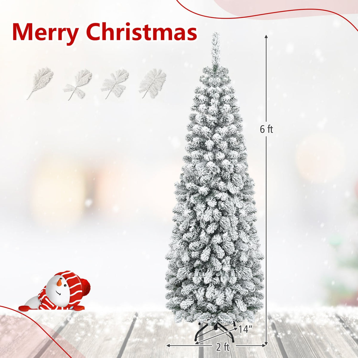 6 Feet Unlit Hinged Snow Flocked Artificial Pencil Christmas Tree with 500 Branch Tip-Christmas Trees-DECOROLALA