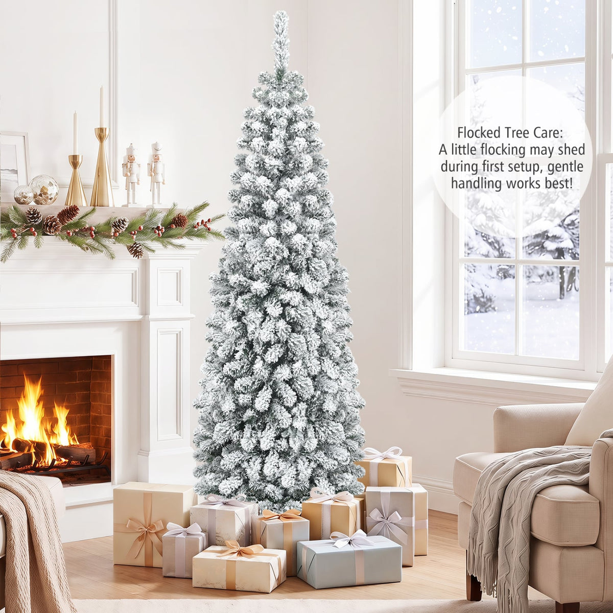 6 Feet Unlit Hinged Snow Flocked Artificial Pencil Christmas Tree with 500 Branch Tip-Christmas Trees-DECOROLALA