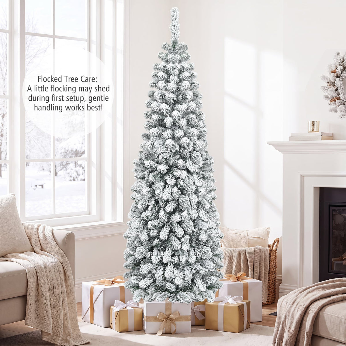6 Feet Unlit Hinged Snow Flocked Artificial Pencil Christmas Tree with 500 Branch Tip-Christmas Trees-DECOROLALA
