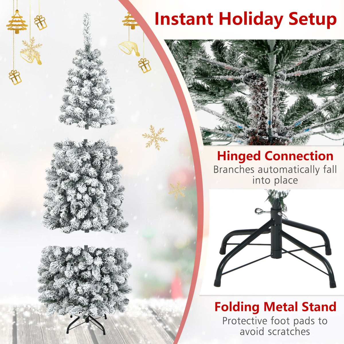 6 Feet Unlit Hinged Snow Flocked Artificial Pencil Christmas Tree with 500 Branch Tip-Christmas Trees-DECOROLALA