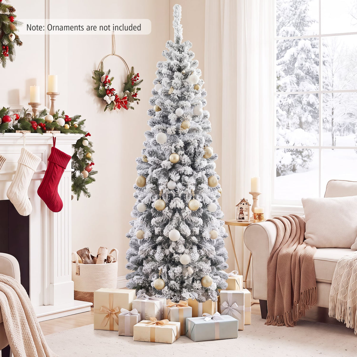 6 Feet Unlit Hinged Snow Flocked Artificial Pencil Christmas Tree with 500 Branch Tip-Christmas Trees-DECOROLALA