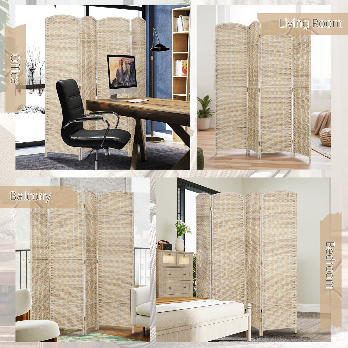 6 Ft 4-Panel Folding Room Divider - Light Oak Woven Pine-Home Furnishings > Living Room Furniture > Room Dividers-DECOROLALA