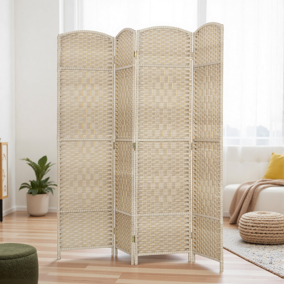 6 Ft 4-Panel Folding Room Divider - Light Oak Woven Pine-Home Furnishings > Living Room Furniture > Room Dividers-DECOROLALA