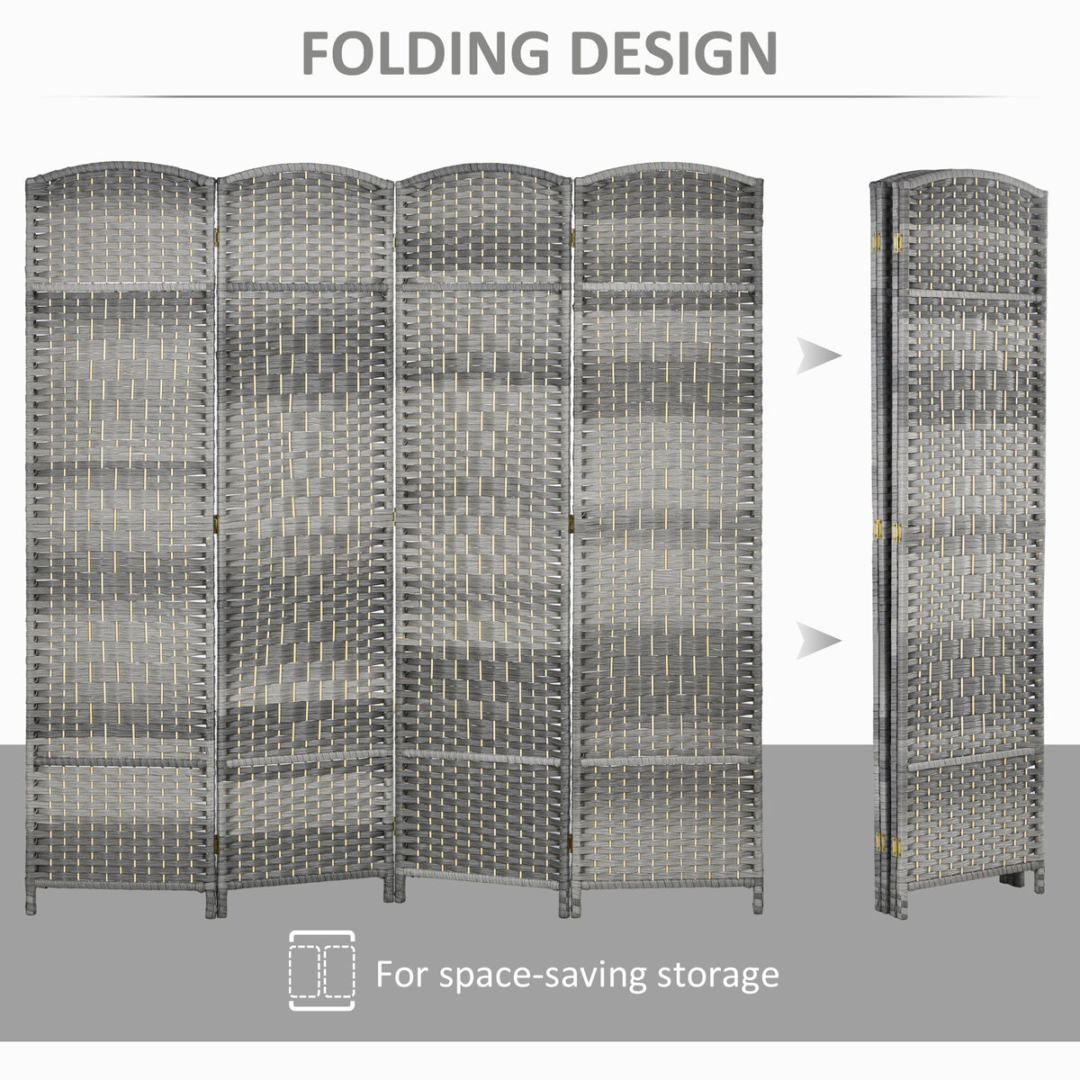 6 Ft Folding Room Divider - 4 Panel Woven Screen Mixed Grey-Home Furnishings > Living Room Furniture > Room Dividers-DECOROLALA